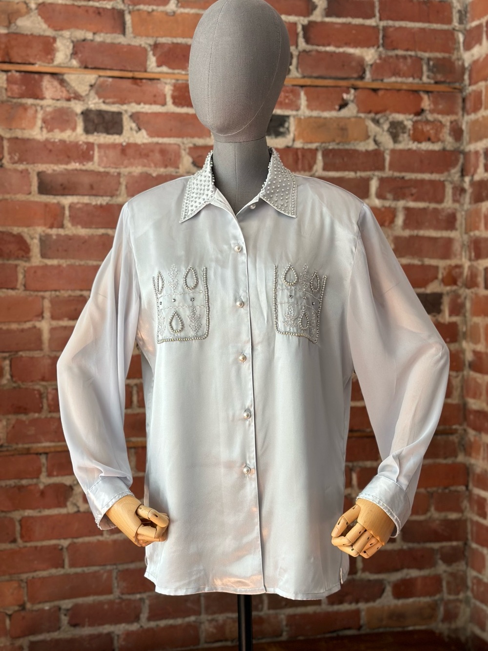 Classic Vintage Blue Gray Beaded Satin Blouse Pearl Crystal Embellished
